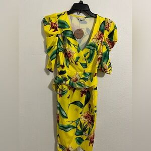 Yellow Puff Sleeve Wrap Midi Dress for Wedding Guest